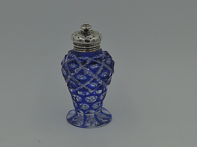 Antique Sterling Silver Lid & Cobalt Blue Cut Glass Salt Shaker 1899