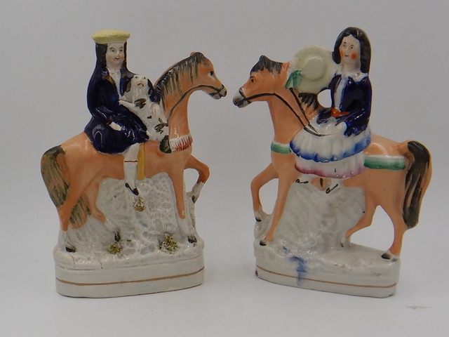 Antique Pair of Staffordshire Man Girl Dog on Horses Couple Figurine 1850"s