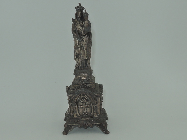 Antique French Metal Virgin Mary & Christ Child Altar Statue Religious 5.25"