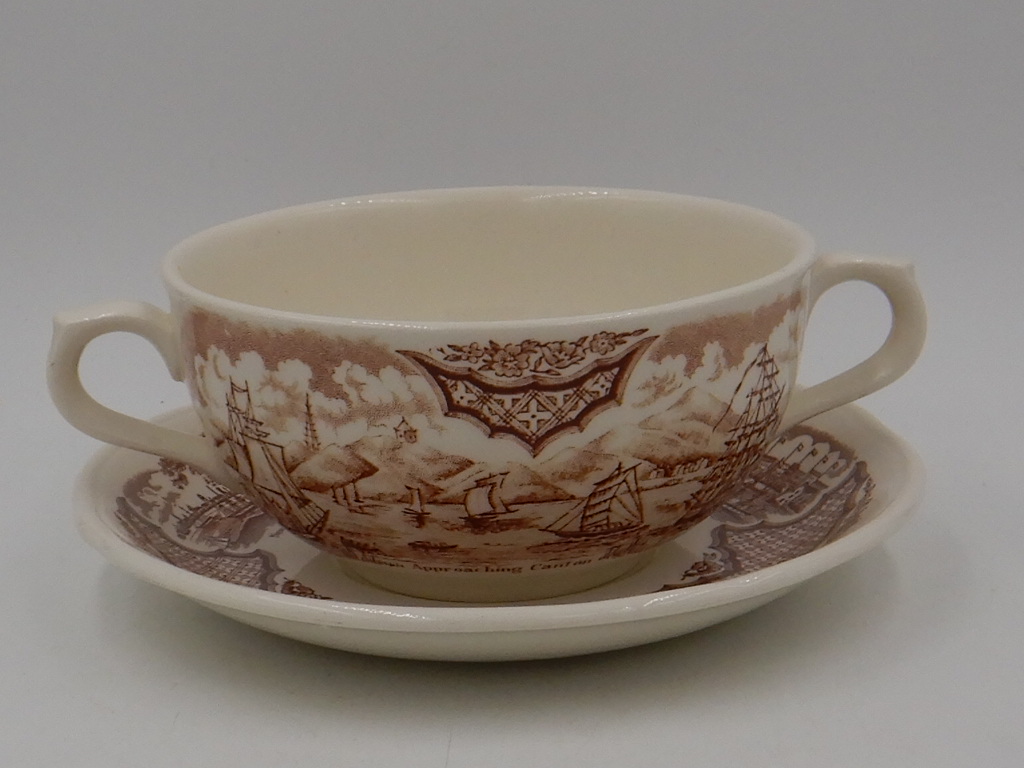 Alfred Meakin Fair Winds Historical Scenes Brown Transferware Soup Bowl & Saucer