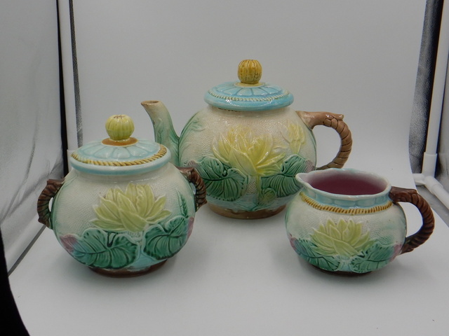 Antique Majolica Water Lily Flower Pad Pond Tea Set Teapot 1880's Rare