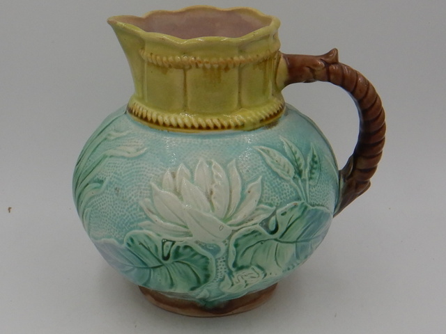 Antique Majolica Water Lily Flower Pad Pond Small Pitcher Gorgeous Coloring 1880's