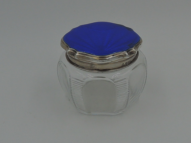 Antique English Sterling Silver & Guilloche Enamel Blue Lid & Cut Glass Vanity Jar