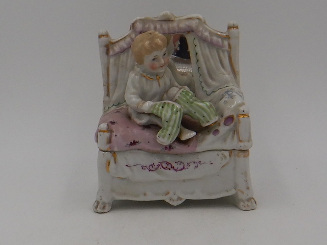 Victorian German Fairing Child In Bed Porcelain Box Conta & Boehme 1880's