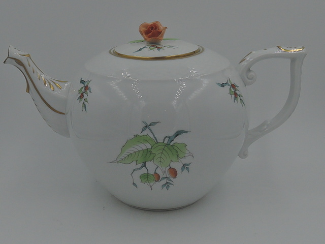 Herend Large Blue & Green w/Peach Rose & Fruit Teapot Gilt