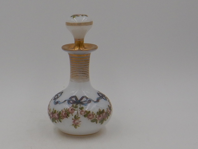 Antique French Glass Perfume Bottle w/Dauber Blue Bow Ribbons Pink Roses