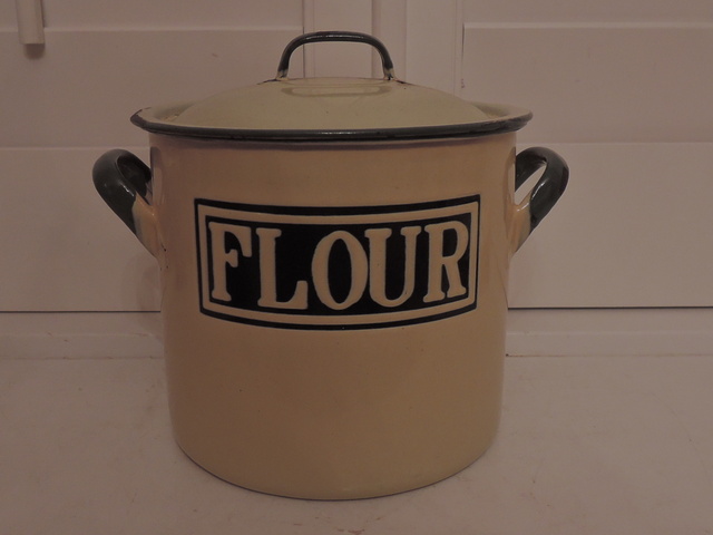 Vintage English Enamel Cream & Green Flour Bin/Box 1930's Enamelware