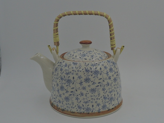 Darling Blue & White Chintz Ceramic Teapot w/Wicker Handle & Tea Strainer