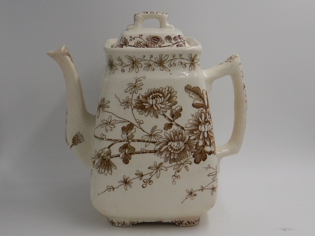 W.H. Grindley & Co. Tunstall Spring Brown Transferware Teapot/Coffee Pot Rare!
