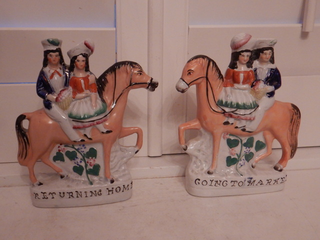 Antique Pair of Staffordshire Going to Market & Returning Home on Horses Figurines