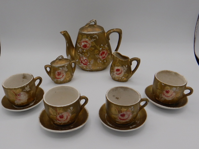 Vintage Childs Sweet Tea Set Pink Roses 7 Piece Teapot Hand Painted