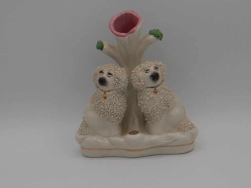 Antique Staffordshire Pair of Poodles Dogs Spill Vase Inkwell Confetti 1880's