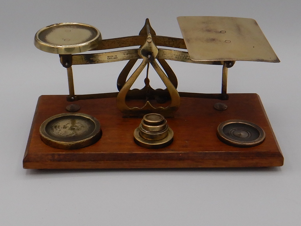 Antique English Wood & Brass Postal Letter Scale w/Weights 6