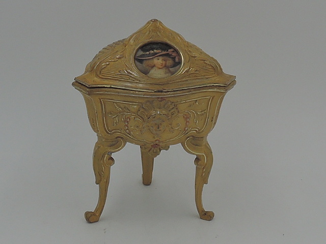 Antique Victorian Ormolu French Portrait Trinket Jewelry Box Pink Tufted Lining