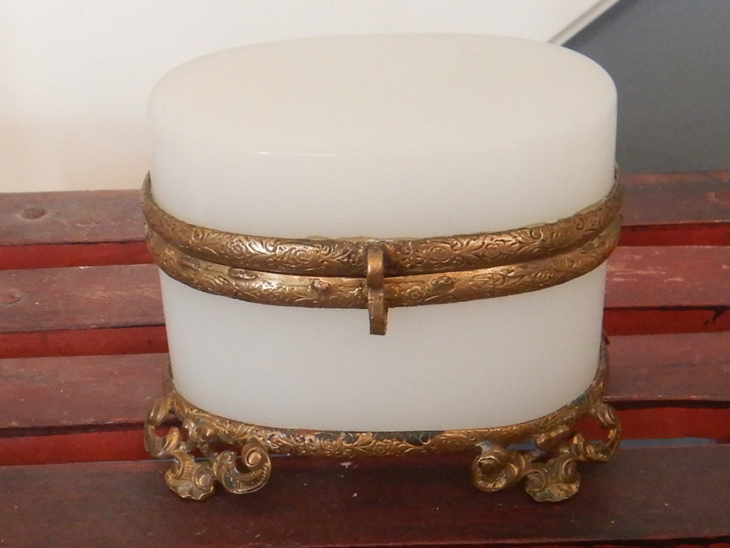 Antique French White Opaline Glass w/Ormolu Jewelry Box