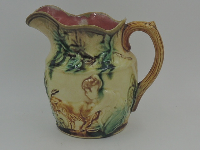 Antique French Majolica Pitcher w/Goat Sheep Maidens Pink Interior Jug