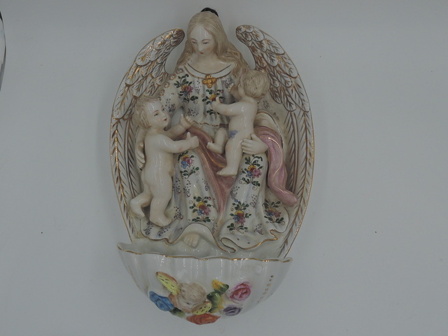 Large Antique French Porcelain Angel & Cherubs Holy Water Font Beautiful