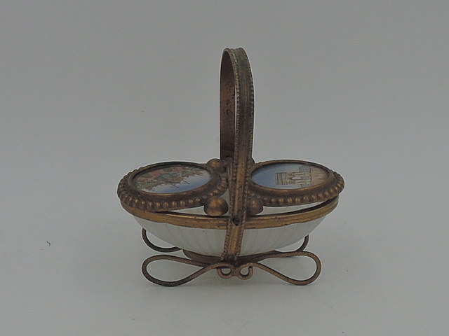 Antique French Ormolu Brass & White Opaline Glass Jewelry Box Basket Casket