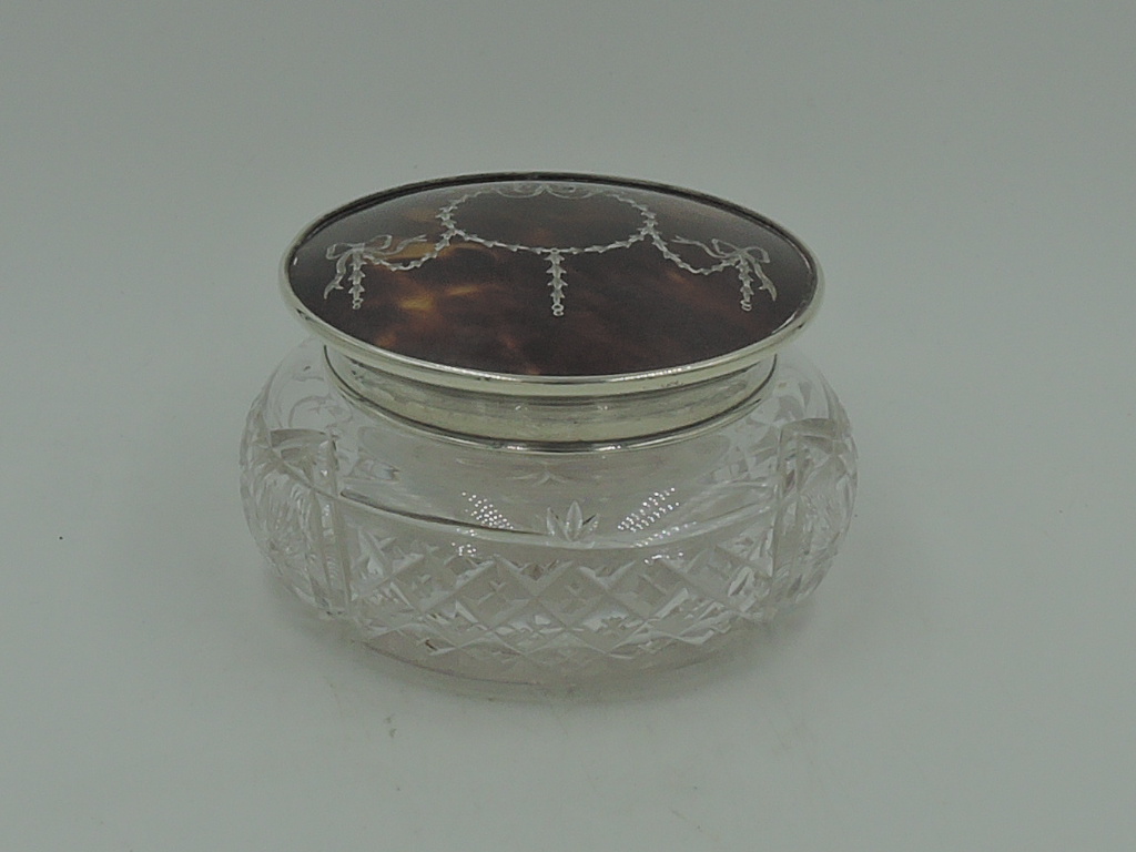 Sterling Silver & Shell Lid w/Pique & Cut Glass Ladies Vanity Jar 1931