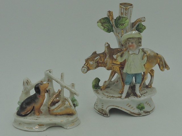 Antique German Fairing Little Boy Blue & Beagle Dog w/Horn Donkey Mule Figurine