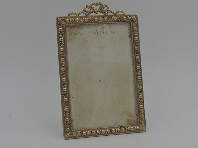 Antique French Gilt Ormolu Beaded Brass Photo Frame 4" x 2 1/2" Picture Louis XVI Bow