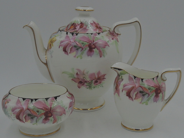 Royal Doulton Orchid Tea Set Teapot Creamer Sugar Bowl 1930's Gorgeous!