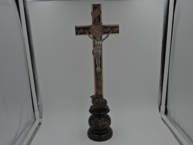 Vintage French Ebony Wooden Altar Cross Crucifix Jesus Lamb Standing Religious