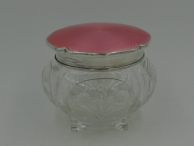 Antique Sterling Silver Pink Guilloche Enamel Lid & Webb Cut Glass Vanity Jar