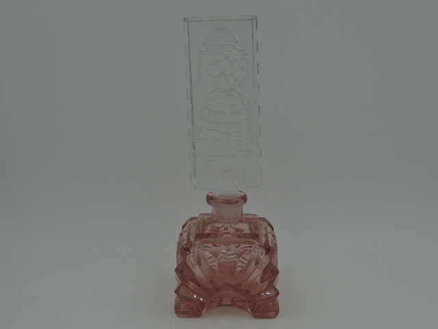 Rare Pink & Clear Irice Czech Cut Glass Intaglio Dauber Etched Perfume Bottle