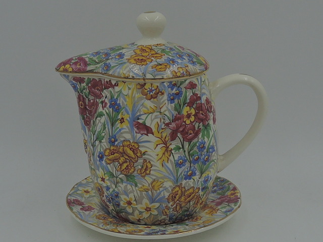 Vintage Sussex Cheery Chintz Erphila German Syrup Hot Water Pitcher & Plate