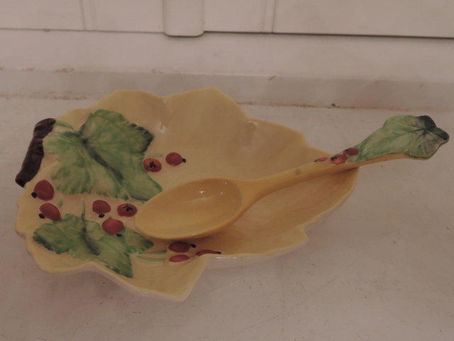 Vintage Carlton Ware Yellow Leaf Dish & Berries with Matching Spoon