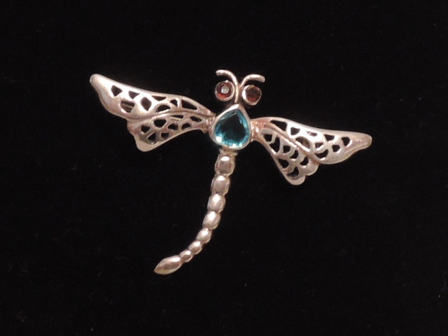 Vintage Sterling Silver Dragonfly Brooch Pin Garnet & Blue Topaz Gem Stones