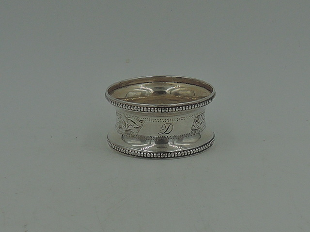 Antique English Sterling Silver Napkin Ring Beaded Border Monogram D 1918