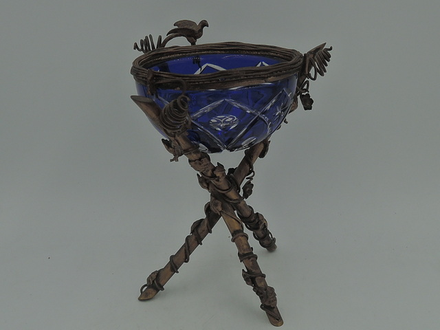 Antique French Ormolu Cobalt Blue Glass Bird's Nest Jewelry Box Jar Holder