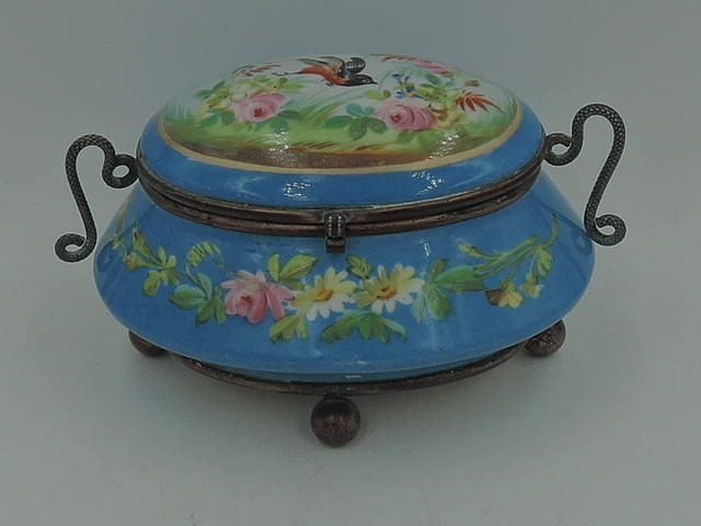 Antique French Ormolu Handled Blue Porcelain Jewelry Box Jar w/Pink Roses Bird