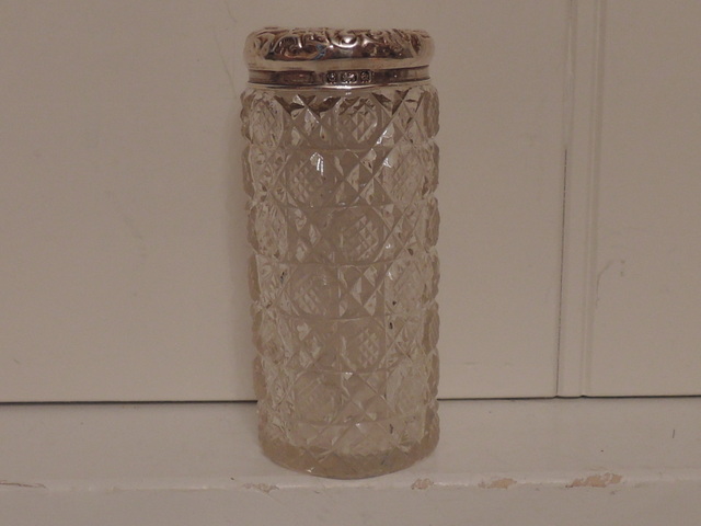 Antique English Solid Sterling Silver Lid & Cut Glass Ladies Vanity Jar 1900