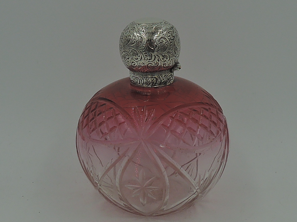 English Sterling Silver Lid & Cranberry Cut Glass Perfume Bottle w/Dauber