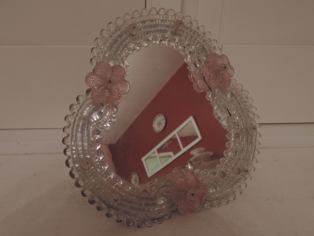 Vintage Italian Venetian Murano Glass Ladies Dressing Mirror Pink Flowers