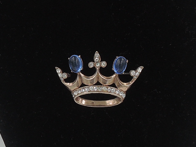 Vintage English Crown Tiara Brooch Pin 1940's Blue Paste Glass & Rhinestones