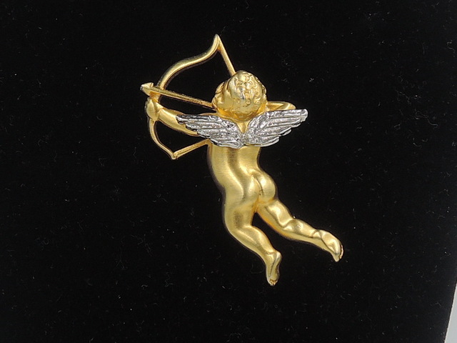 Vintage English Gold/Silver Metal Valentine's Day Cupid's Bow Cherub Brooch Pin