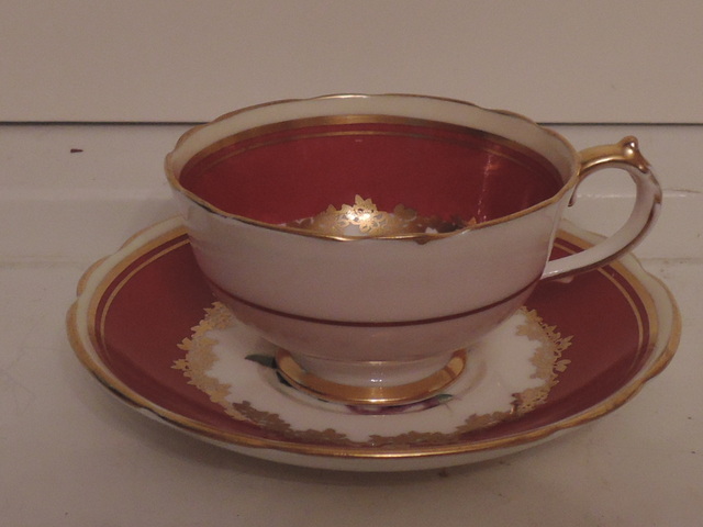Vintage Petite Paragon Red & Gold Cup & Saucer Pink Roses Teacup Fine Bone China