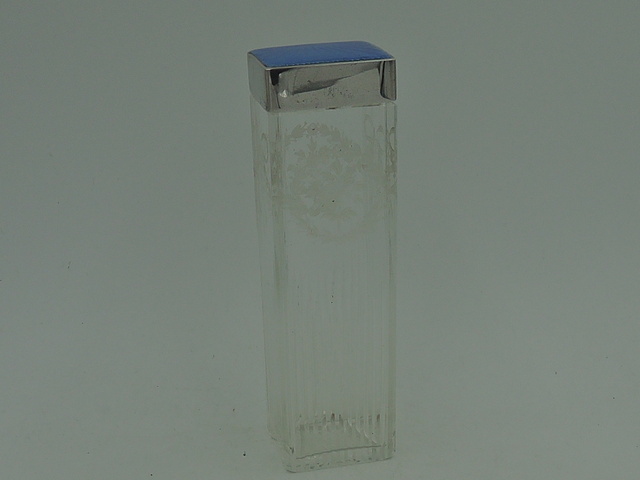 Gorgeous English Blue Enamel Guilloche Sterling Silver Lid & Cut Glass Vanity Jar