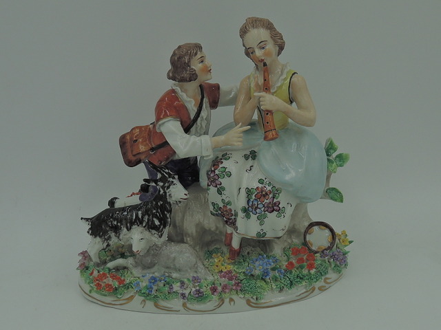 Sitzendorf Porcelain Couple w/Pipes & Goats Figurine Flowers Lovers