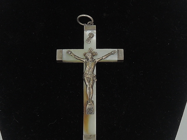 Antique French Sterling Silver & Mother of Pearl Cross Religious Crucifix 1905