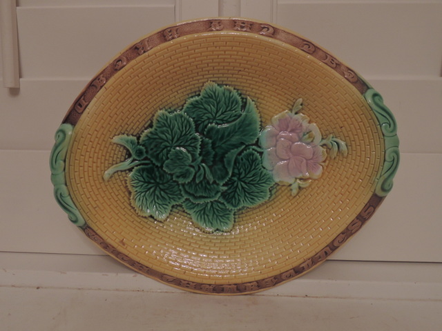 Antique Majolica Bread Platter Geraniums Eat Thy Bread With Thankfulness 1880's