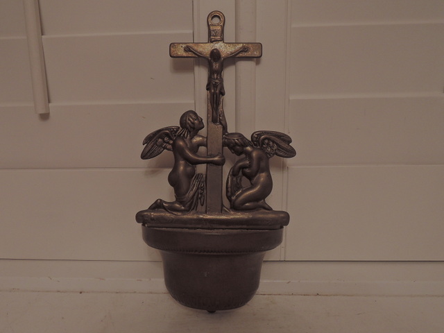 Antique French Brass Holy Water Font Crucifix Cross Religious Angels