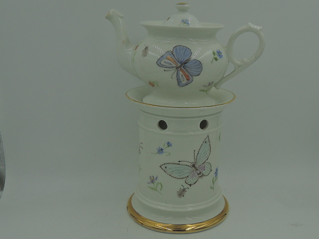 Vintage French Hand Painted Porcelain Teapot & Warmer Set Butterflies