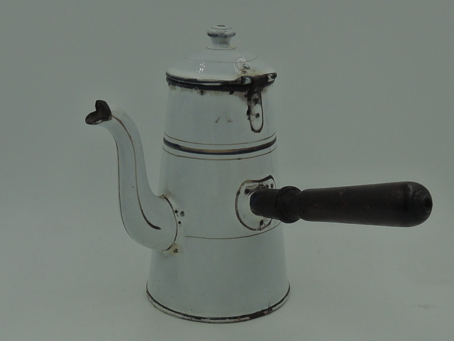 Antique French Enamel Teapot Hot Chocolate Coffee Pot 1920's Enamelware