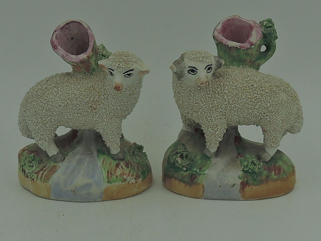 Antique Pair Staffordshire Spill Vase Sheep Ram & Ewe 1840's