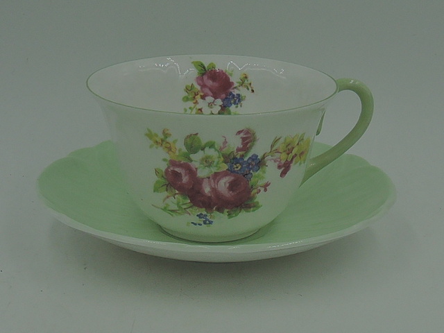 Vintage Shelley Green Oleander Pink Roses Cup & Saucer